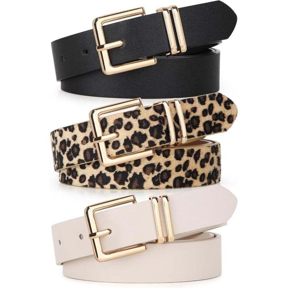 Pack 3 Women's Belts for Jeans Pants Gold Buckle Leather Belts Beige Leopard
